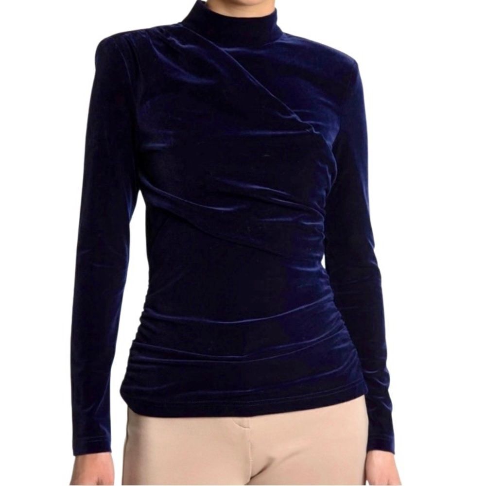 Nicole Miller Velvet Mock Wrap Top with Back Keyhole in Navy Blue Women’s L